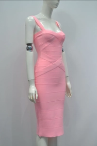 Close-up of pink bandage dress showing high-elasticity ribbed fabric and bodycon texture