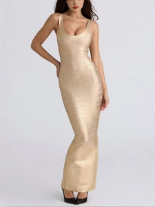 Robe Longue Bandage Dorée Sexy Dos Nu Élégante Moulante Col en U Sans Manches Fente Robe de Soirée Pour Femme