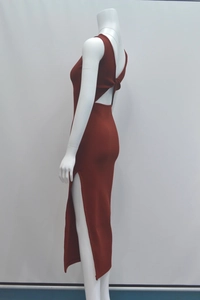 Sleeveless backless rib-knit midi dress in dark red featuring a high side slit design