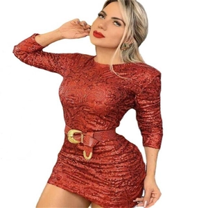 Robe Mini Sexy Rouge Paillettes Manches Longues Femme Avec Ceinture Élégant Soirée Banquet Coupe Slim Moulante
