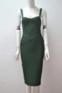 Detail of dark green bandage dress with elastic horizontal stripes and cross chest design