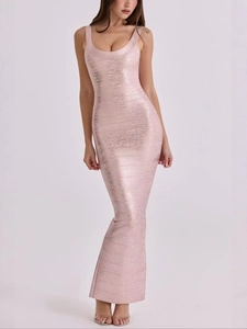 Robe longue bandage or rose métallique élégante avec ourlet sirène et dos nu