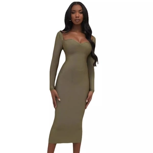 Robe Midi Bandage Bodycon Manches Longues Élégante Femme Sexy Col en Cœur Dos Nu Fermeture Éclair Club Fête Robe de Soirée