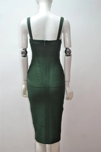 Detail view of the back of dark green bandage dress with invisible zipper closure