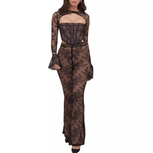 Sexy Donna Nero Pizzo Corsetto Cutout Crop Top Manica a Campana Trasparente Top And Bottom Pantaloni a Campana Club Party Abbigliamento