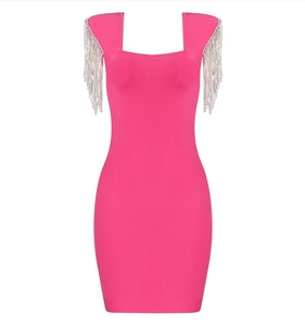 Detail of square neckline with silver diamond fringe tassels on magenta bandage dress