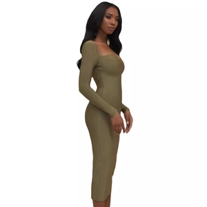 Robe bandage midi vert olive élégante avec décolleté en cœur et manches longues