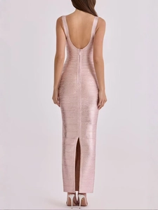 Robe bandage dos nu dorée champagne élégante avec texture scintillante et fente arrière