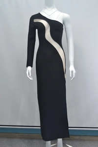 Detail of elegant black bandage dress featuring white mesh wave and asymmetric sleeve