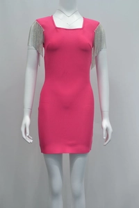Detail of rose red bandage dress with square neck and sparkling rhinestone fringe on shoulders