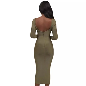 Robe midi bandage vert olive à manches longues avec dos nu en U et fermeture éclair