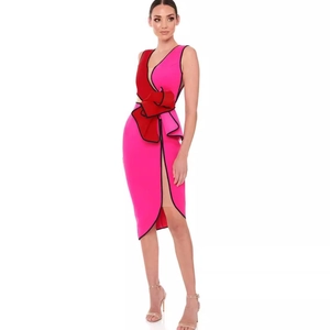 Elegant Sexy Color Block Bandage Dress Women Sleeveless V Neck Irregular Slit Patchwork Midi Party Evening Gown With Bow