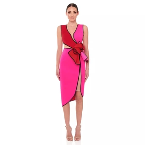 Elegant sleeveless patchwork bandage dress with oversized bow and high side slit