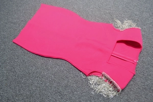 Detail of silver metallic fringe tassels and zipper on the fuchsia bandage mini dress