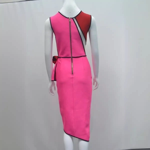 Elegant sleeveless bodycon bandage dress with asymmetric pink and red color block design