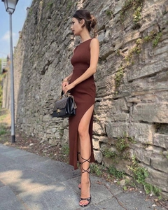 Women Sexy Sleeveless Ribbed Knit Midi Dress Cut Out Twist Front Side Slit Elegant Bodycon Slim Fit Club Party Dress