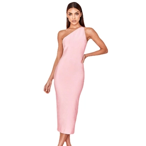 Elegante Abito Midi Donna Aderente a Fasce Monospalla Schiena Scoperta Senza Maniche Tinta Unita per Festa Serale Clubwear