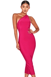 Elegante abito midi bandage monospalla rosa acceso con una silhouette aderente