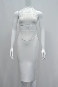 Elegant white bodycon midi dress with cutout waist design on minimalist mannequin
