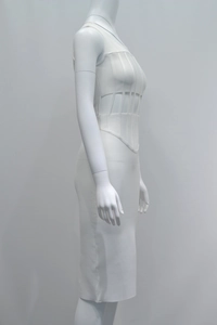 Elegant white sleeveless bandage dress featuring a unique cutout corset waist detail