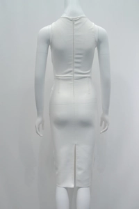 Elegant white mesh bandage dress with sleeveless slim fit design and back slit detail