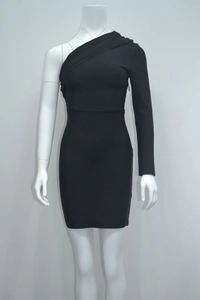 Detail of black one-shoulder long sleeve mini dress on a white mannequin torso