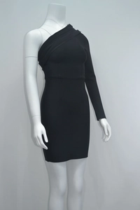 Detail of asymmetric one-shoulder neckline and ruched shoulder on black bandage dress