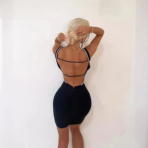 Sexy backless black bodycon mini dress with white contrast trim and thin straps