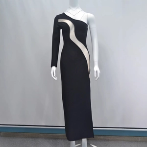 Elegant black one-shoulder maxi dress with mesh cut-out and long sleeves for women