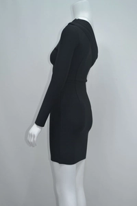 Close-up of the layered neckline and elastic knit texture on this black bodycon dress