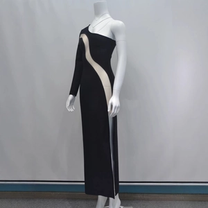 Elegant black one-shoulder long sleeve bandage dress with mesh paneling and side slit