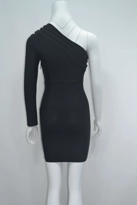 Detailed view of the pleated neckline and asymmetric shoulder on the black mini dress