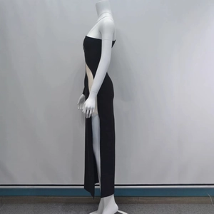 Women's sexy one-shoulder long sleeve bodycon dress with side slit and mesh contrast