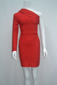 Detail of red one-shoulder bodycon bandage dress showing tight rib texture and seams