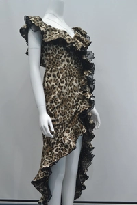 Detail of leopard print dress with ruffled chiffon hem and high-low asymmetrical design