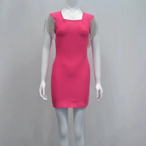Elegant rose pink bandage dress with square neck and sparkling silver fringe shoulders
