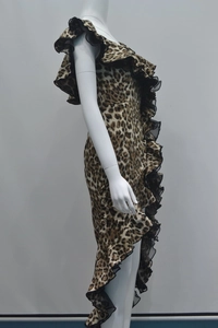 Detail of leopard print dress with asymmetric ruffled hem and sheer black mesh trim edges