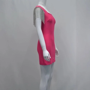 Rose red bandage mini dress with silver tassel shoulder details and slim fit style