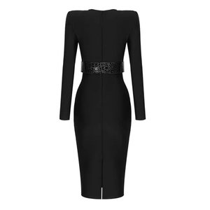 Robe midi noire élégante à manches longues avec ceinture et fermeture éclair
