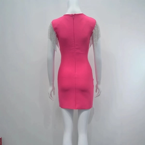 Fuchsia fited square neck mini bandage dress with silver rhinestone fringe shoulder chains