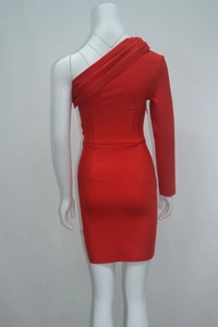 Back view of a red one-shoulder long sleeve bodycon bandage dress on a white mannequin