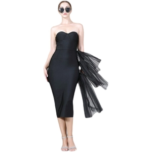 Elegant black strapless bandage dress with sheer mesh detailing for evening parties