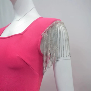 Hot pink square neck bandage dress featuring luxurious silver rhinestone tassel epaulettes