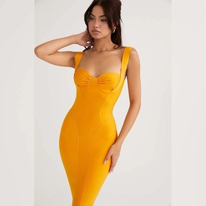 Sexy bright yellow sleeveless bodycon bandage dress with sweetheart neckline for women