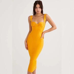 Women Sexy Yellow Bandage Dress V-Neck Sleeveless Backless Bodycon Midi Dress For Party Clubwear Nightclub Elegant Commuter Lady Dress