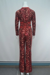 Detailed back view of wine red sequin lace jumpsuit with leather corset lace-up waist detail