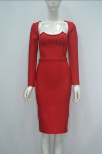 Detail of red long-sleeved bandage midi dress with vertical ribbing and square neckline