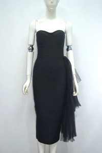 Detail of sweetheart neckline and asymmetric black tulle mesh on bodycon midi dress