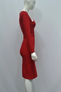 Side view of a red long sleeve bodycon pencil dress on a mannequin with square neckline