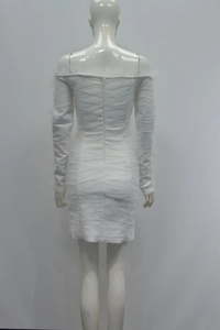 Back view of a white off-shoulder ruched mesh bandage dress with hidden zipper detail